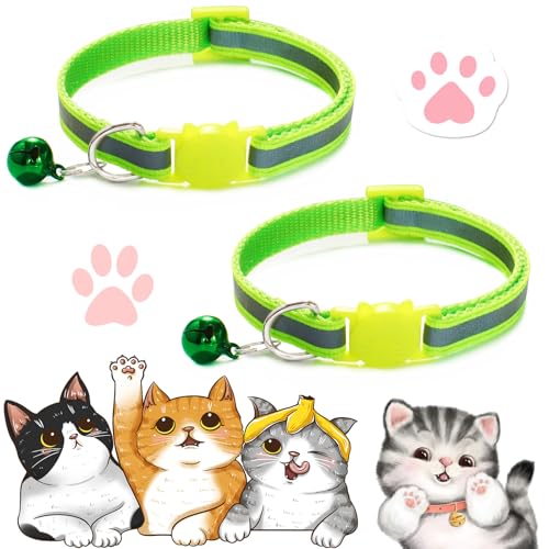 2PCS Cat Collar, Cat Collar with Bells, Cat Collar Breakaway, Kitten Collar with Bell, Reflective Cat Collar, Breakaway Cat Collars,Adjustable Safety Buckle Collar (Fluorescent Green) von Vopetroy