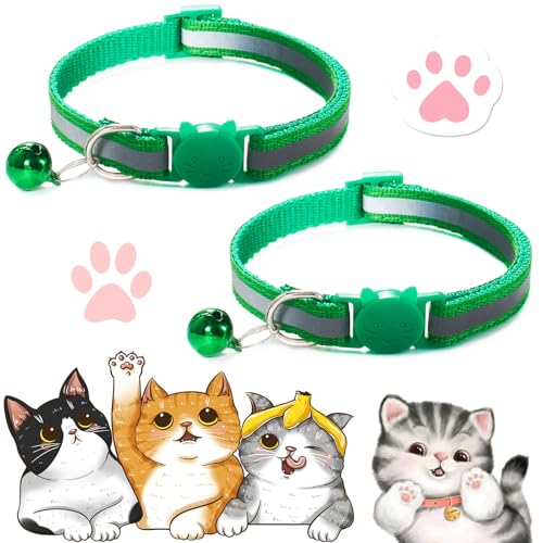 2PCS Cat Collar, Cat Collar with Bells, Cat Collar Breakaway, Kitten Collar with Bell, Reflective Cat Collar, Breakaway Cat Collars,Adjustable Safety Buckle Collar (Grass Green) von Vopetroy