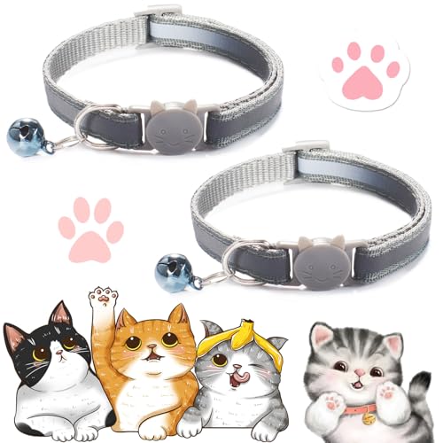 2PCS Cat Collar, Cat Collar with Bells, Cat Collar Breakaway, Kitten Collar with Bell, Reflective Cat Collar, Breakaway Cat Collars,Adjustable Safety Buckle Collar (Gray) von Vopetroy