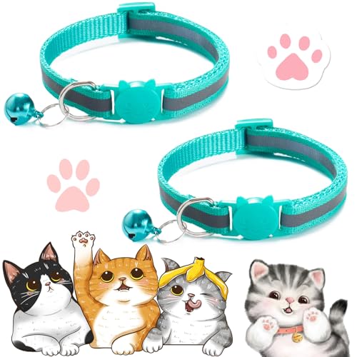 2PCS Cat Collar, Cat Collar with Bells, Cat Collar Breakaway, Kitten Collar with Bell, Reflective Cat Collar, Breakaway Cat Collars,Adjustable Safety Buckle Collar (Mint Green) von Vopetroy