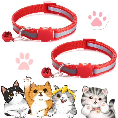 2PCS Cat Collar, Cat Collar with Bells, Cat Collar Breakaway, Kitten Collar with Bell, Reflective Cat Collar, Breakaway Cat Collars,Adjustable Safety Buckle Collar (Red) von Vopetroy