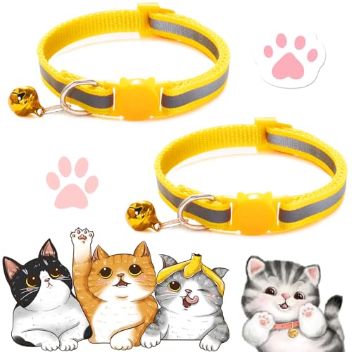 2PCS Cat Collar, Cat Collar with Bells, Cat Collar Breakaway, Kitten Collar with Bell, Reflective Cat Collar, Breakaway Cat Collars,Adjustable Safety Buckle Collar (Yellow) von Vopetroy