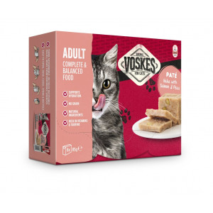 Voskes Adult Paté Hecht mit Lachs & Erbsen Nassfutter Katze (8x85 g) 2 Packungen (16 x 85 g) von Voskes