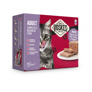 Voskes Adult Paté Iberisches Schwein mit Pute & Kürbis Nassfutter Katze (8x85 g) 8 Packungen (64 x 85 g) von Voskes Voeders