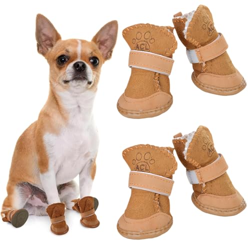 Vulevirtue 4 Stück Schneestiefel Haustiere,Plüsch Hundestiefel,Hunde Schuhe Outdoor,Süße Hundestiefel,Hundeschuhe Pfotenschutz Outdoor,Warme Hundeschuhe Krallenschutz,für Kleine Und Mittlere Hunde von Vulevirtue