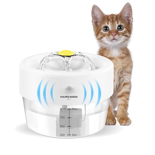 VULPES GOODS Katzenbrunnen Kabellos, 1L Ultraleiser Trinkbrunnen,1000mAh Batteriebetriebene Katzenbrunnen mit Bewegungsmelder, Filter, DREI Auslaufmodus,120 Weitwinkel Indukor für Katzen, Hunde von Vulpes Goods