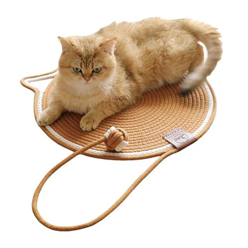 Vyloky Geflochtene Katzenkratzmatte mit Self-Hi Ball, Katzenschlafmatte, waschbar, Kätzchen Krallenspitzer, in Allen Jahreszeiten erhältlich (Braun, Durchmesser 43 cm) von Vyloky