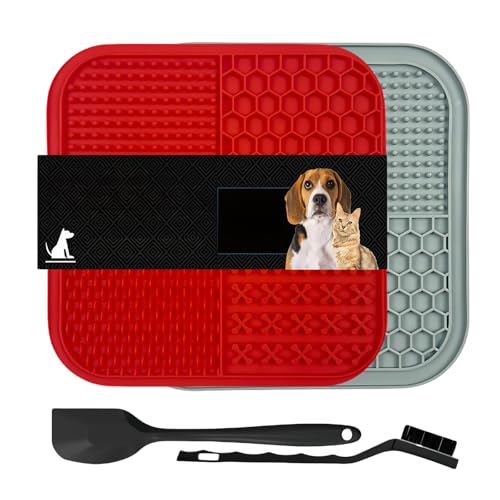 Vyloky Hundeleckmatte, 2er-Pack, Leckmatte Hund mit Silikonspatel und Bürste, Angstabbau, Hundespielzeug, Futtermatte für Butter, Joghurt, Fellpflege & Krallenpflege, BPA-frei (Rot + Grau, 2-stück) Vyloky Hundeleckmatte, 2er-Pack, Leckmatte Hund mit Silikonspatel und Bürste, Angstabbau, Hundespielzeug, Futtermatte für Butter, Joghurt, Fellpflege & Krallenpflege, BPA-frei (Rot + Grau, 2-stück) von Vyloky