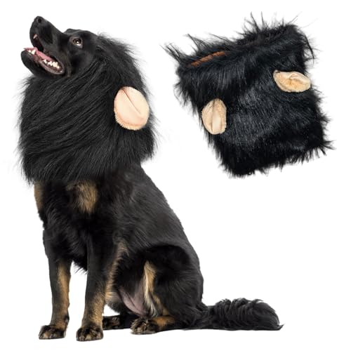 Vyloky Löwenmähne Perücke für Hund mit Ohren Haustier einstellbar Fantasie Löwe Haar Hund Kleidung Kleid für Halloween Weihnachten Ostern Festival Party Aktivität (Hundemähne - Schwarz, L) von Vyloky