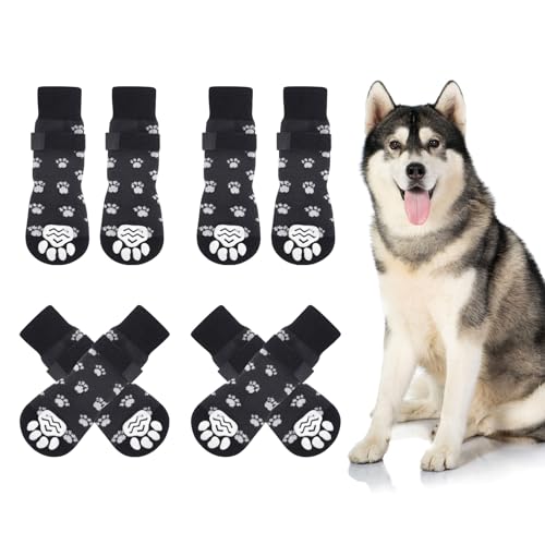 Vyuwast 8 Stück Hundesocken, Pfotenschutz mit verstellbaren Riemen, Hundesocken mit Griffen für kleine, mittelgroße und große Hunde, Welpen, drinnen und draußen, Hartholzboden (M, schwarz), 8 Stück von Vyuwast