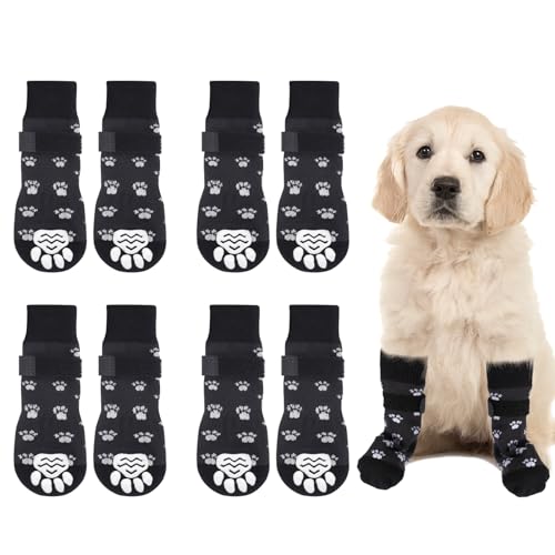 Vyuwast 8 Stück Hundesocken, Pfotenschutz mit verstellbaren Riemen, Hundesocken mit Griffen für kleine, mittelgroße und große Hunde, Welpen, drinnen und draußen, Hartholzboden (S, schwarz), 8 Stück von Vyuwast