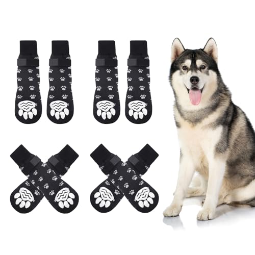 Vyuwast 8 Stück Hundesocken Pfotenschutz mit verstellbaren Riemen, Hundesocken mit Griffen für kleine, mittelgroße und große Hunde, Welpen, drinnen und draußen, Hartholzboden (L-Schwarz) von Vyuwast