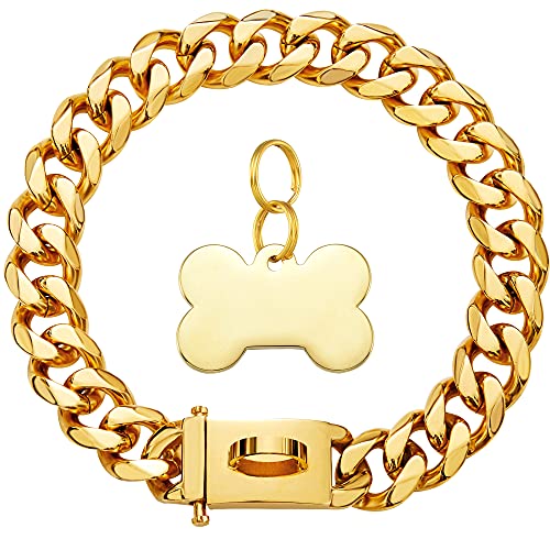 Gold Hundehalsband mit Metallkette und Sicherheitsschnalle, 18 K kubanische Glieder, robust, kaufest, für mittelgroße Hunde, amerikanischer Pitbull, Deutscher Schäferhund, 19 mm, 40,6 cm, Hundezubehör von W/W Lifetime