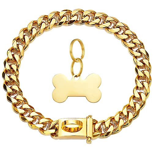 Goldenes Hundehalsband, Metallkette, mit Sicherheitsschnalle, 18 Karat kubanische Glieder, robust, kaufest, für mittelgroße Hunde, amerikanischer Pitbull, Deutscher Schäferhund, 15 mm von W/W Lifetime