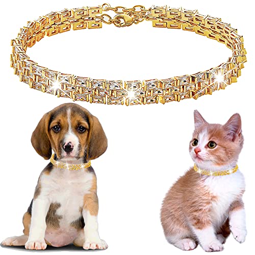 Hundekettenhalsband, Cubic Zironia, glitzerndes Halsband für Welpen, Kätzchen, Gold, verstellbares Katzenhalsband mit vereisten Kristallsteinen, Uhrenarmband (Gold, 35,6 cm) von W/W Lifetime