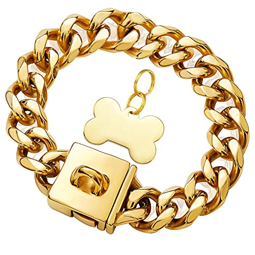 W/W Lifetime Großes Kettenhalsband aus Metall mit sicherer Schnalle, 18 Karat Gold, kubanische Gliederkette, 23 mm, robust, kaufest, für kleine, mittelgroße und große Hunde (23 mm, 40,6 cm) von W/W Lifetime