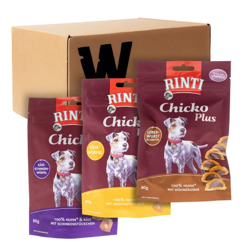 W West Boxx Set aus Chicko Plus Hundeleckerlis, 1x Käse-Schinken-Würfel, 1x Käsewürfel und 1x Leberwurstschnitte, jeweils 80g Leckerlis für große und kleine Hunde von W West Boxx