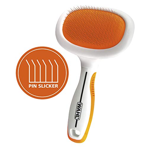 WAHL Premium Große Zupfbürste für Haustiere mit ergonomischen Gummigriffen zum bequemen Bürsten von Hunden und Katzen – Modell 858407, orange/weiß von Wahl