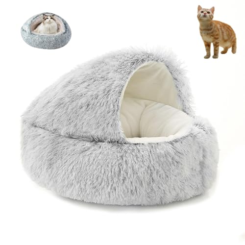 WAMIZEU Katzenbett für Indoor-Katzen, große Katzenhöhle, Hundebett, winddicht, flauschig, Katzen-Nistbett für Katzen, Haustiere, Herbst-Winter, Katzenbett (Plüschgrau, 40 cm) von WAMIZEU