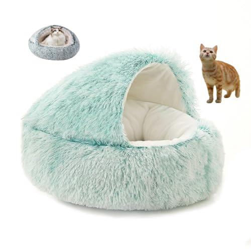 WAMIZEU Katzenbett für Indoor-Katzen, große Katzenhöhle, Hundebett, winddicht, flauschig, Katzen-Nistbett für Katzen, Haustiere, Herbst-Winter, Katzenbett (Plüschgrün, 60 cm) von WAMIZEU