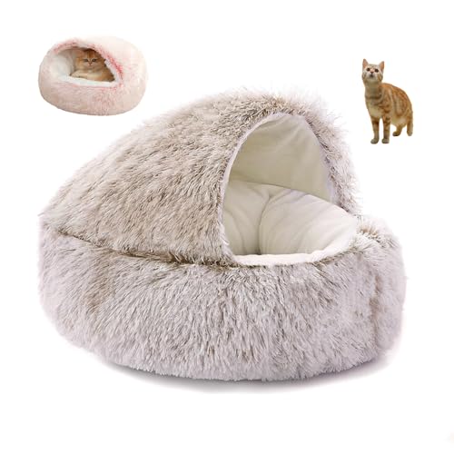 WAMIZEU Katzenbett für Indoor-Katzen, große Katzenhöhle, Hundebett, winddicht, flauschig, Katzen-Nistbett für Katzen, Haustiere, Herbst-Winter-Katzenbett (Plüsch, Khaki, 40 cm) von WAMIZEU