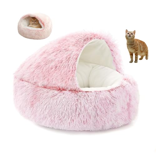 WAMIZEU Katzenbett für Indoor-Katzen, große Katzenhöhle, Hundebett, winddicht, flauschig, Katzen-Nistbett für Katzen, Haustiere, Herbst-Winter-Katzenbett (Plüsch-Rosa, 60 cm) von WAMIZEU