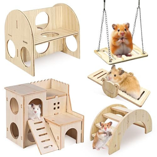 WANDGU 5 Stück Hamster Spielzeug aus Holz: Hamster Kauspielzeug, Brücke Wippe Schaukel und Trainingspielzeug, Meerschweinchen Spielzeug, DIY Spielplatz für Meerschweinchen Ratten Zwerghamster von WANDGU