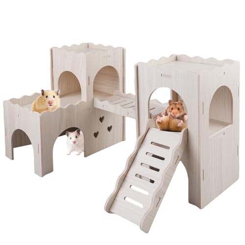 WANDGU Holz Hamsterhaus: Groß Meerschweinchen Haus mit Rampe 4 Eingänge, Mehrkammernhaus Hamster Groß, Hamster Zubehör, Spielplatz für Zwerghamster, Rennmäuse, Degus, Stachelmäuse(39.5 × 23 × 23 cm) von WANDGU