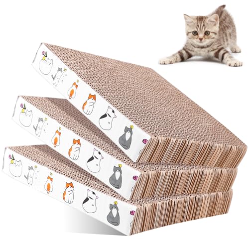 WANDGU Kratzbrett Katzen: 3er-Set 43 x 21 cm Robuste Katzen kratzbrett, Widerstandsfähig Katzen Kratzmöbel aus Wellkarton für Katzen, Karton Katzenbett, Spielen, Schlafen, Kratzschutz von WANDGU