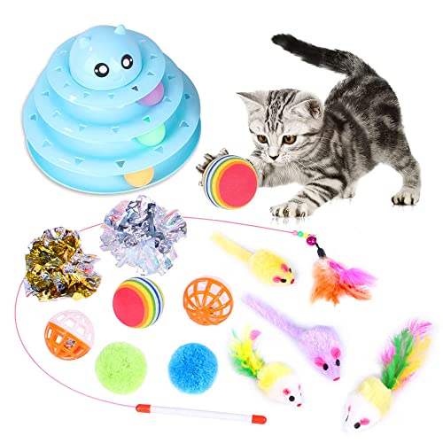 WANGCL 14er-Pack Katzenspielzeug Interaktiv für Katzen im Innenbereich, Kätzchenspielzeug, lustiger Rollentrainer, 3-stufiges Katzen-Teaser-Ball-Spielzeug, Katzenfeder-Zauberstab-Spielzeug von WANGCL