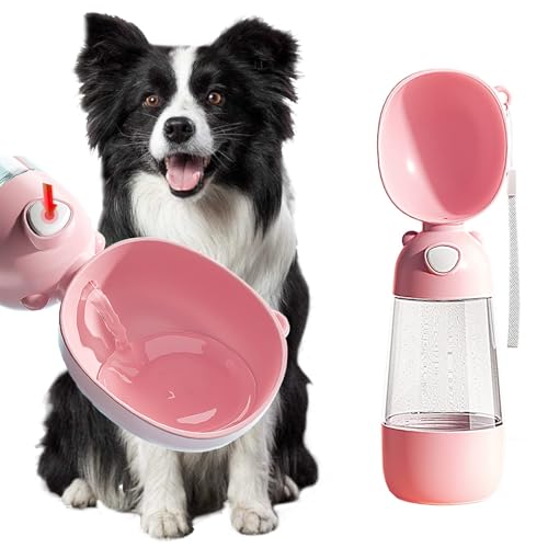 WANHIJO Tragbare Hundewasserflasche, 380 ml, lebensmittelechter Kunststoff, auslaufsicher, tragbarer Welpen-Wasserspender mit Trink-Futterspender für Haustiere, Spaziergänge, Reisen, Wandern (Rosa, von WANHIJO