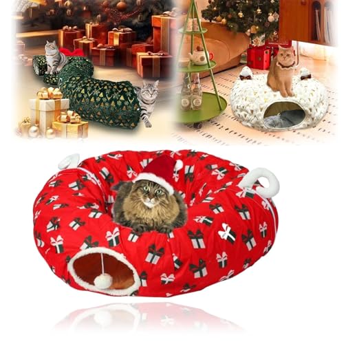 Christmas Tree Cat Tunnel, Cat Tunnel for Under Christmas Tree, Foldable Cat Tunnel Toy, Cat Tunnel Christmas Tree Skirt, Warm Plush Circle Cat Tunnel Bed with Toy Ball, Large Cat Tunnel Toy (Red) von WANWEN