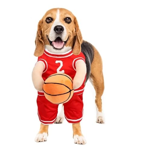 WANWEN Hunde-Basketball-Kostüm mit Ball, Hunde-Basketballspieler-Kostüm, Basketball-Hundekostüm, Basketball-Hunde-Halloween-Kostüm, verstellbare Träger (M,Red) von WANWEN