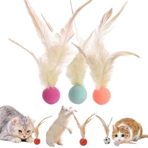 WANWEN Interactive Feather Ball Toy Set for Cats, Cat Ball with Feather for Indoor Cats, Bouncy Tails, Bouncy Balls, Elastic Interactive Cat Toy (3*A) von WANWEN