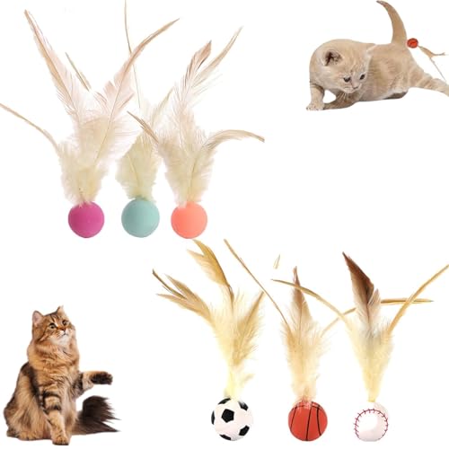 WANWEN Interactive Feather Ball Toy Set for Cats, Cat Ball with Feather for Indoor Cats, Bouncy Tails, Bouncy Balls, Elastic Interactive Cat Toy (6MIX) von WANWEN