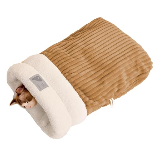 WANWEN Katze Schlafsack, Katzenbett Höhlenschlafsack, Winterschlafsack für Katzen, Halbgeschlossenes Haustierschlafbett, Großer Katzensack aus Weichem Plüsch (L,Brown) von WANWEN