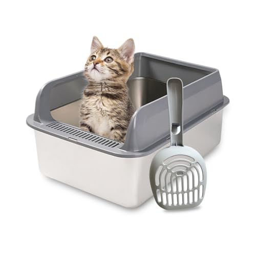 Katzentoilette aus Edelstahl, hohe Seiten Metall Katzentoilette, extra große Katzentoilette mit Deckel, einfache Reinigung, hohe Wandseite abgedeckte Katzentoilette, Edelstahl Katzentoilette mit von WARM EF