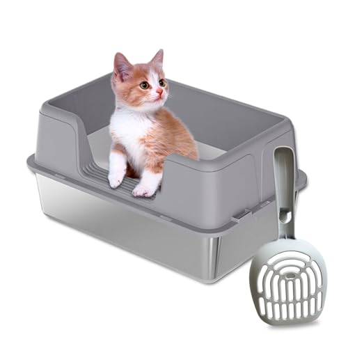 Katzentoilette aus Edelstahl, hohe Seiten Metall Katzentoilette, extra große Katzentoilette mit Deckel, einfache Reinigung, hohe Wandseite abgedeckte Katzentoilette, Edelstahl-Katzentoilette mit von WARM EF