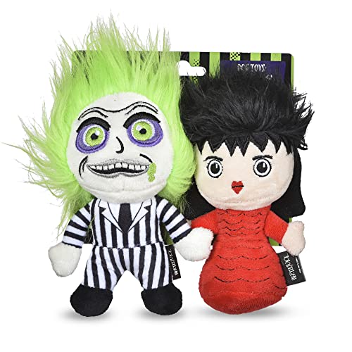 WARNER BROS Horrorfilme Beetlejuice und Lydia 2 Stück Plüschfigur Hundespielzeug, 15,2 cm | Kleines Hundespielzeug Beetlejuice Merchandise | Lydia von Beetlejuice Cartoon Quietschendes Hundespielzeug Hundespielzeug für Halloween von Beetlejuice