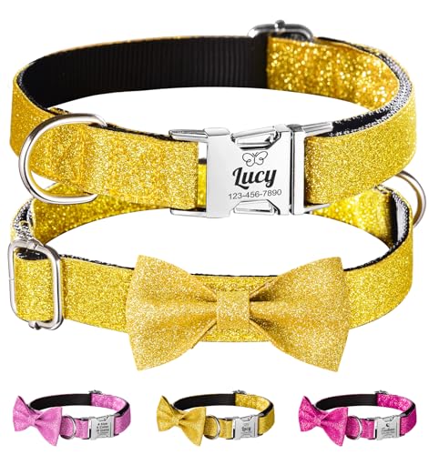 Bling Girl Hundehalsband mit Fliege, glitzerndes goldfarbenes Hundehalsband für kleine, mittelgroße und große Hunde, gravierter Name und Telefonnummer, Haustierhalsband mit Schnellverschluss und von WASHNN