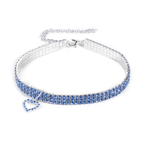 Haustierhalsband mit Diamanten, Verstellbarer Elastischer Herzanhänger mit Kristalldiamanten für Hochzeiten, Katzen, Hunde und Kleine Haustiere, Blau von WASHNN