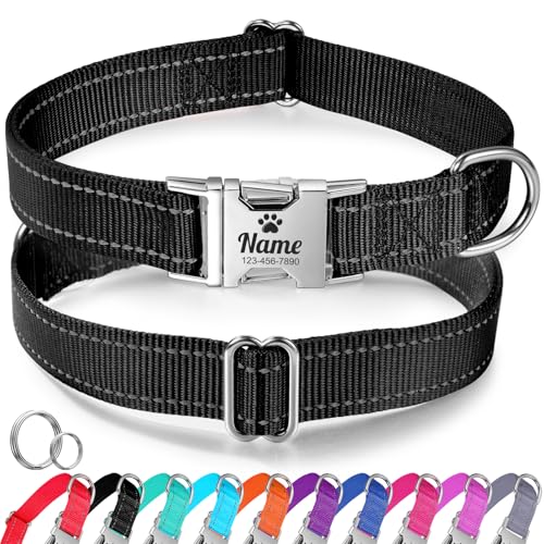 Personalisiertes Hundehalsband, Reflektierendes Nylon-Hundehalsband für Große Hunde mit Namen und Telefonnummer, Langlebiges, Lasergraviertes Individuelles Haustierhalsband von WASHNN