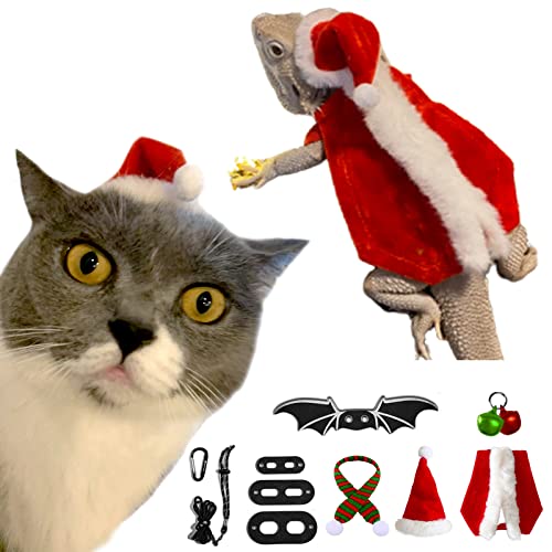 10 Stück Bartdrache Weihnachtskostüm Reptilien Weihnachtsmütze Schal mit Eidechse Leine Geschirr Set, Xmas Hat Kleintier Kostüm Kleidung Outfit Xma Hut mit Geweih verstellbarem, elastischem Kinnriemen von WATFOON