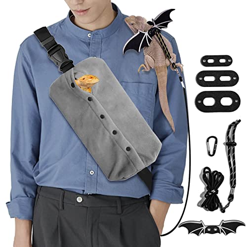 WATFOON Verstellbare Eidechsen-Leine, Bartdrachengeschirr aus Leder, coole Flügel, Trainingsleinen, Reptilientrager, Bartdrachenschlinge, Tragetasche (Leash + XL Grey Sling (Geschenk), Schwarz) von WATFOON