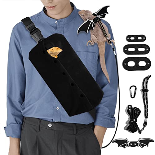 WATFOON Verstellbare Eidechsenleine Bartdrachengeschirr Leder Cool Wings Trainingsleinen Reptilienträger Bartdrachenträger (Leine + XL schwarze Schlinge (Geschenk), Schwarz) von WATFOON