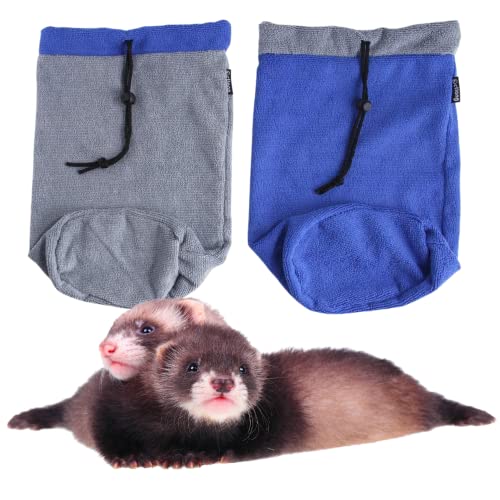 Frettchen-Badetuch-Tasche – schnell trocknend, saugfähig, Bademantel mit verstellbarem Kordelzug, Mikrofaser-Handtuch für Hamster, Eichhörnchen, Kleintiere, Fellpflegezubehör (blau + grau) von WCDJOMOP