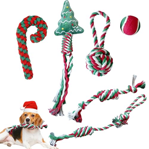 WDKXCN Hundespielzeug Weihnachten Set, 6 Stück Kauspielzeug Hund, Hundespielzeug Seil, Hundespielzeug Zuckerstange Seil, Hundeball, Hund Geschenk Weihnachten für Kleine und Mittlere Jeden Alters von WDKXCN