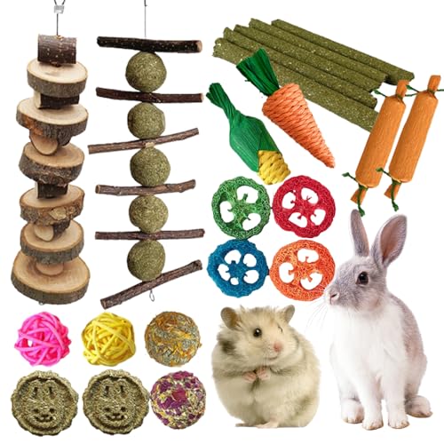 WDKXCN Kaninchenspielzeug, 21 Stück Kaninchen-Kauspielzeug, Hamsterspielzeug, Meerschweinchen-Spielzeug, Kaninchen-Spielzeug, Langeweile, natürliche Timothy-Heusäbe für kleine Tiere, Zahnpflege von WDKXCN