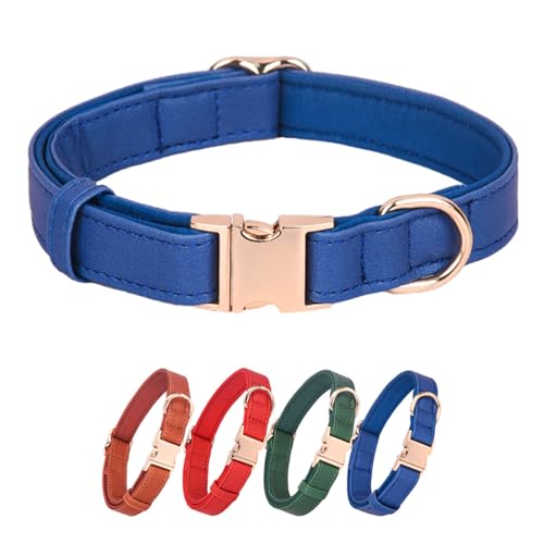 WDPAWS Hundehalsband, Leder, weiches PU mit Neopren-Innenseite, Schnellverschluss, goldfarbene Metallschnalle für kleine, mittelgroße und große Hunde (L blau) von WDPAWS