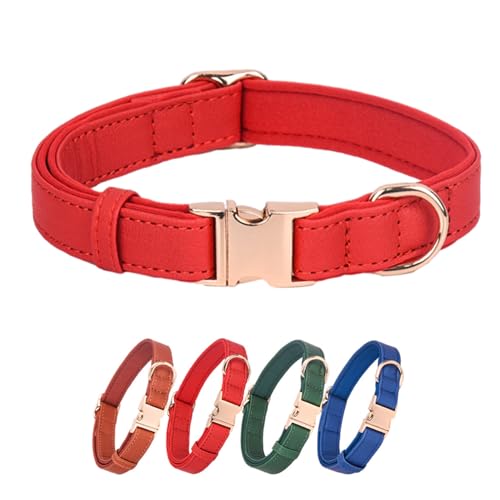 WDPAWS Hundehalsband, Leder, weiches PU mit Neopren-Innenseite, Schnellverschluss, goldfarbene Metallschnalle für kleine, mittelgroße und große Hunde (L rot) von WDPAWS